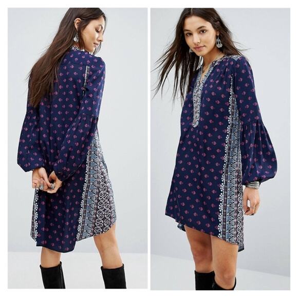 NWT Raga Womens Blue Printed Polyester V-Neck The Megan Tunic Dress Size M - Picture 1 of 11